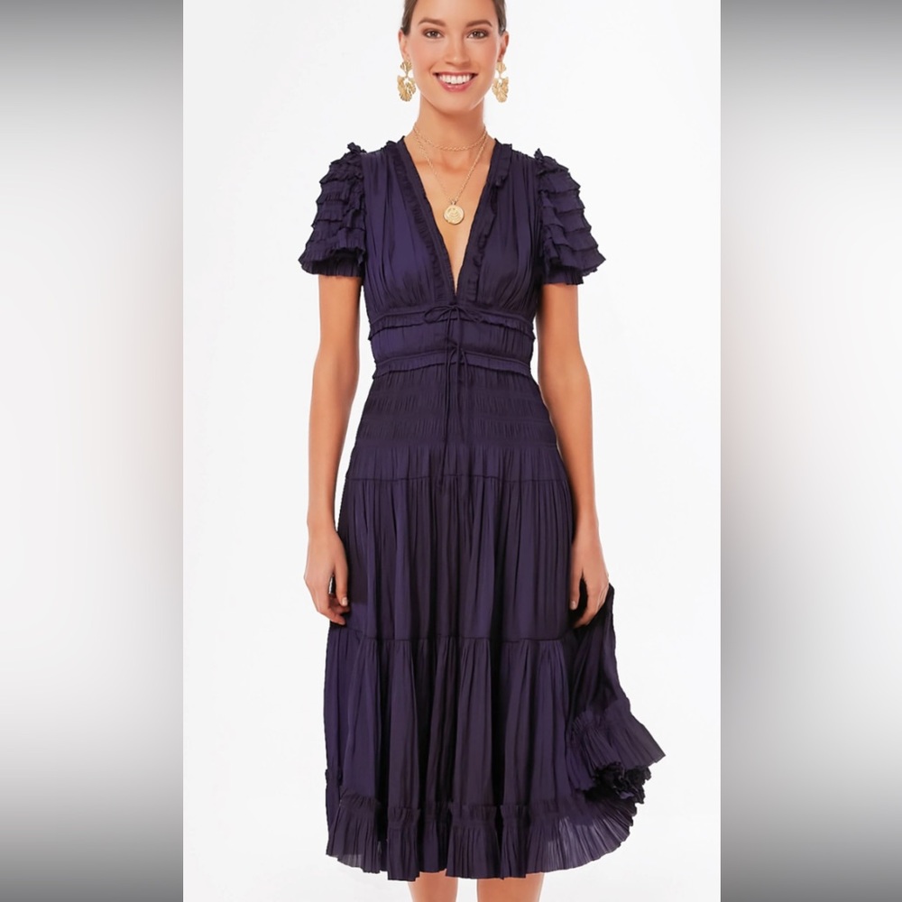 ULLA JOHNSON Carine Plisse V-Neck Midi Dress